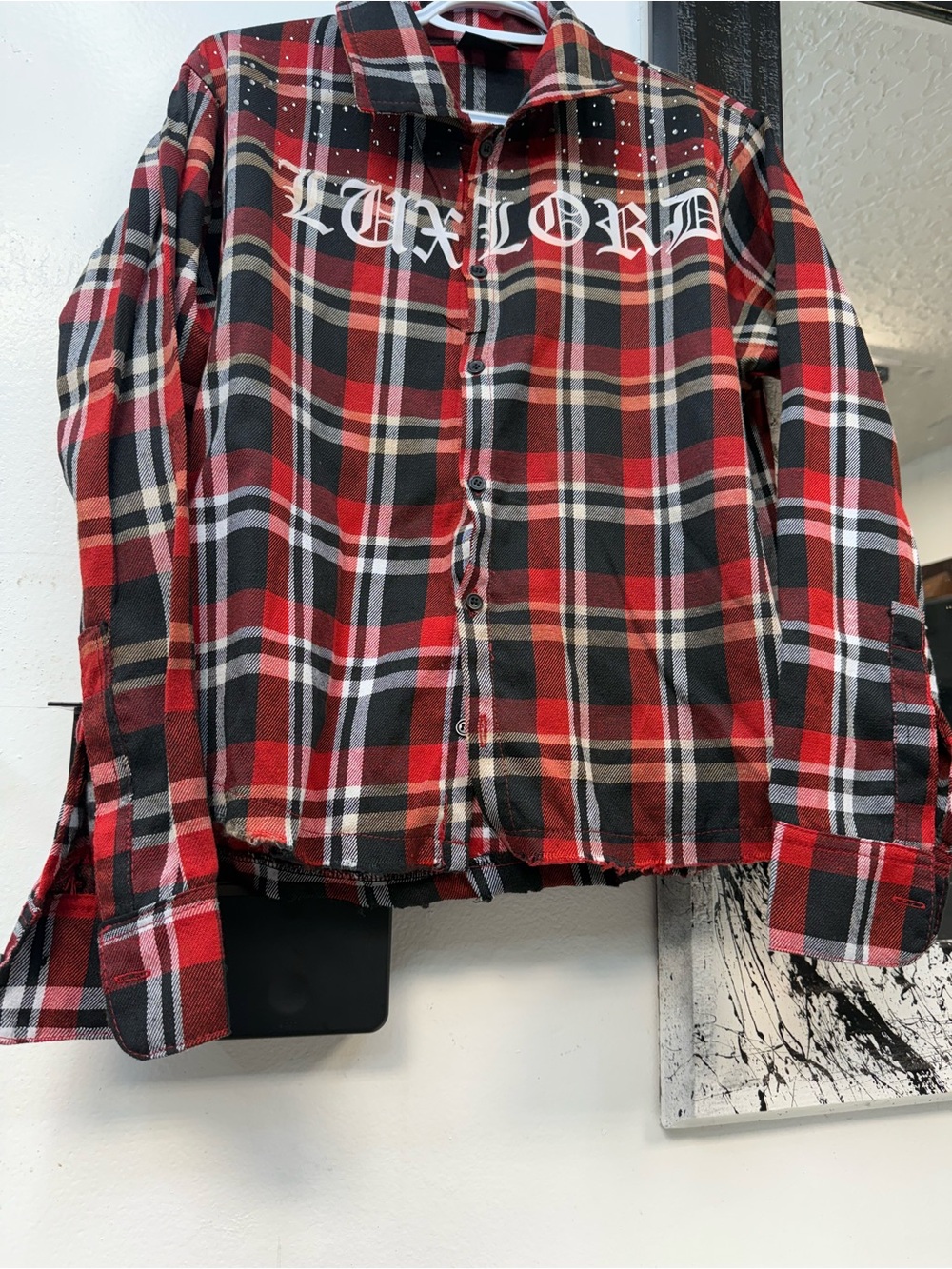 Lux Red and Black Plaid Shirt with Script Neck Tag image 3